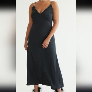 Black Maxi Slip Dress with V-Neck and Beaded Trim